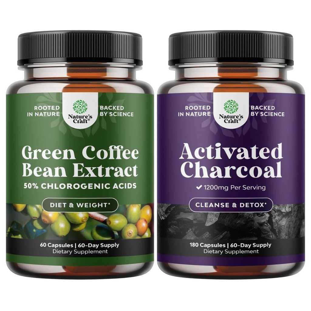 Bündel von reinen grünen Kaffeebohnen-Extrakt für Antioxidante Herzgesundheit Mental Fokus und Größe Reduktion und Reinigung und Detox aktivierte Charcoal Kapseln für Bloating Relief und Körper Detox Cleanse