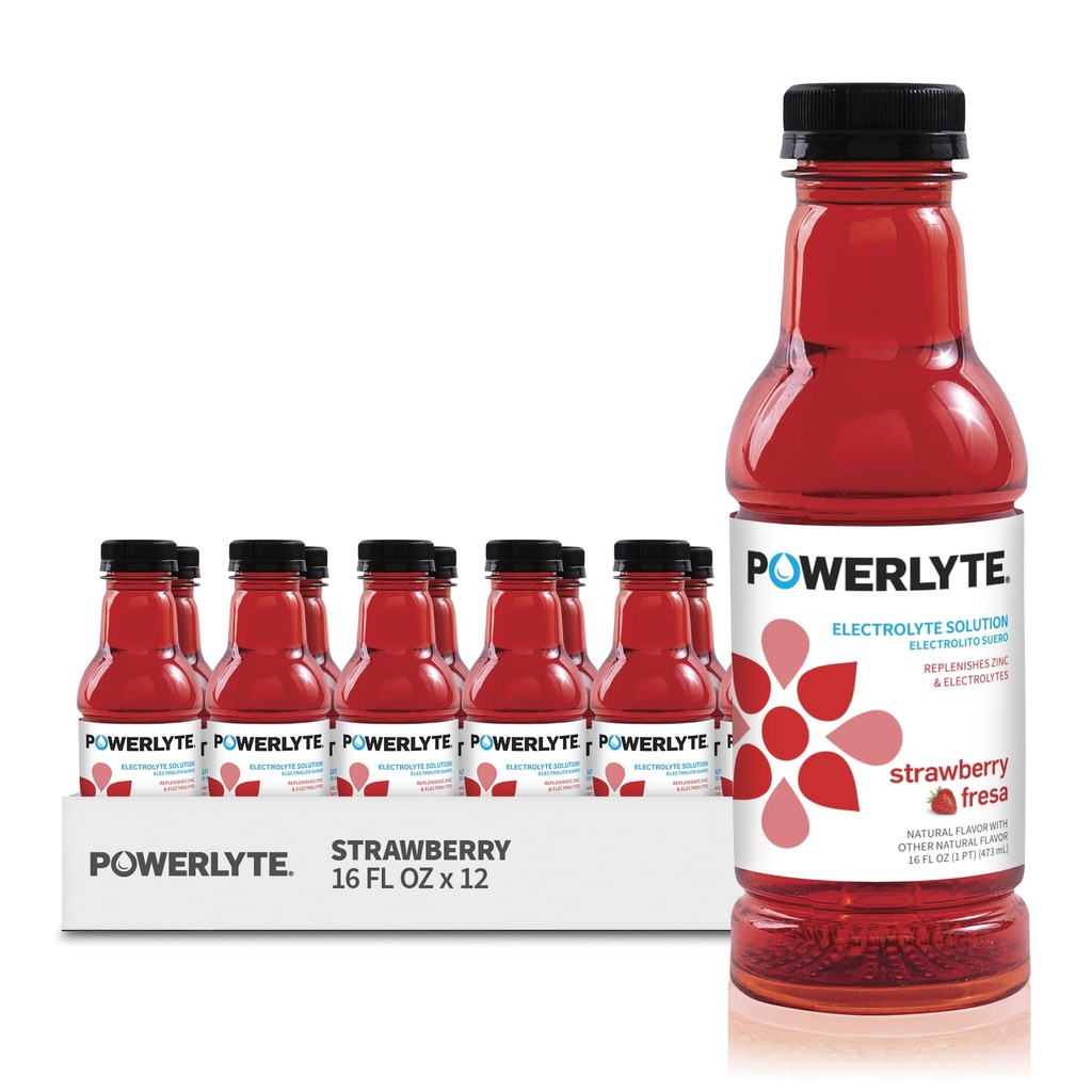 POWERLYTE Sport Hydration Electrolyte Solution Drink for Rehydration | Strawberry | 16 Fl Oz | 12-Pack