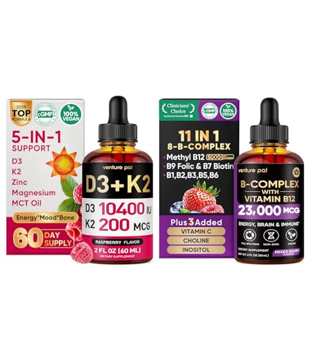 Venture Pal Vitamin B Complex + Vitamin D3 K2 Liquid Drops Bundle | B12 Methylcobalamin, B1, B2, B3, B5, B6, B9 Folic, D3 10000 IU & K2 MK-7 with Magnesium & Zinc | Bone, Energy & Immune Support