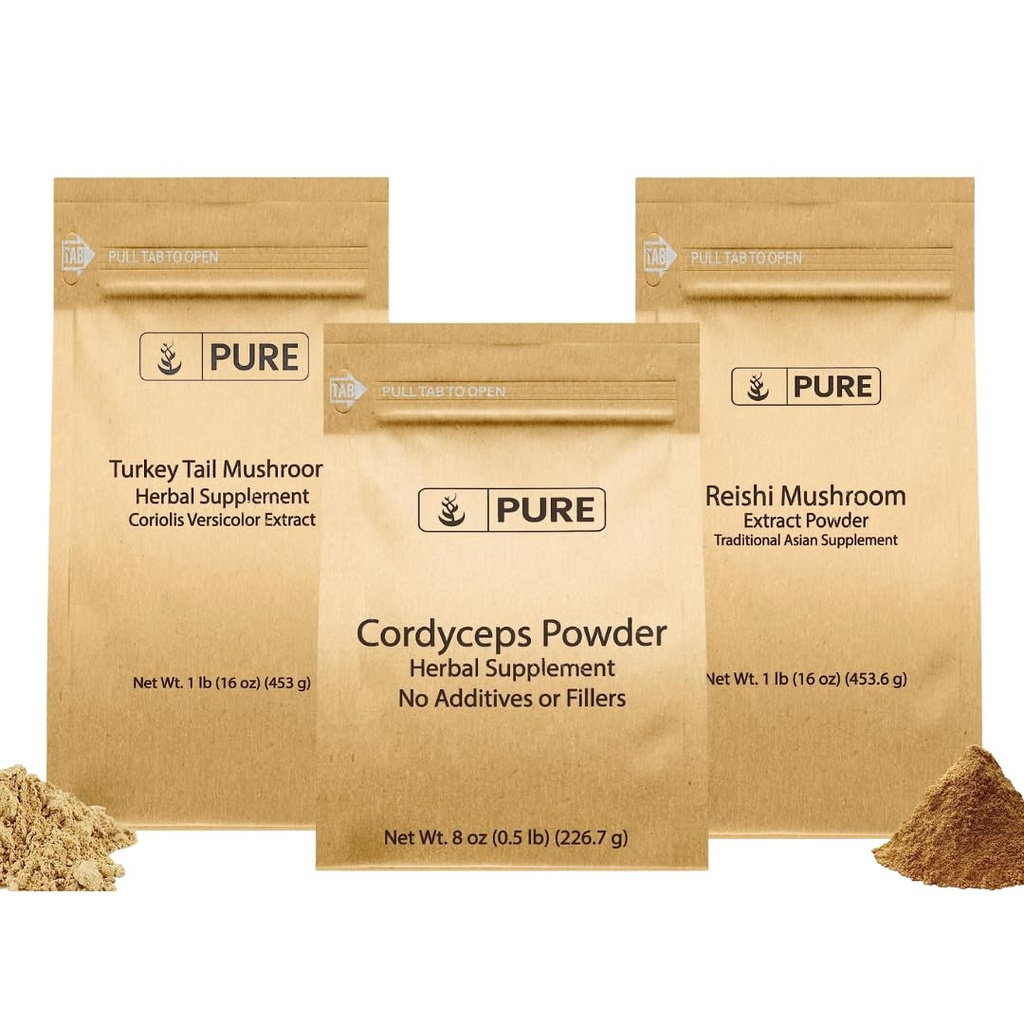Pure Original Ingredients Turkey Tail, Reishi, & Cordyceps Powder Bundle, Natural, Supplements