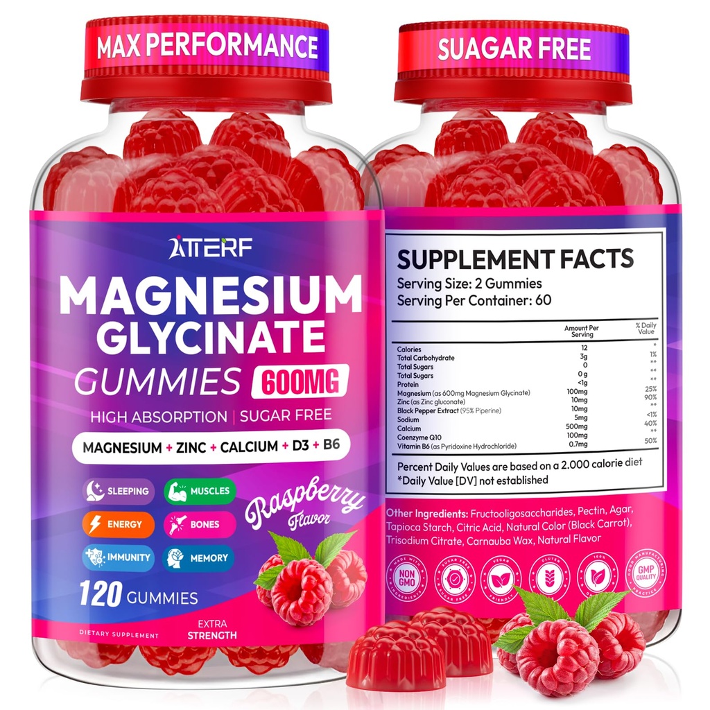 Magnesium Glycinate Gummies 600mg, Sugar Free High Absorption Chewable Magnesium Gummies with Zinc, Calcium, CoQ10 & B6 for Zzz, Relaxation, Brain & Muscle Support, Magnesium Supplement with Family