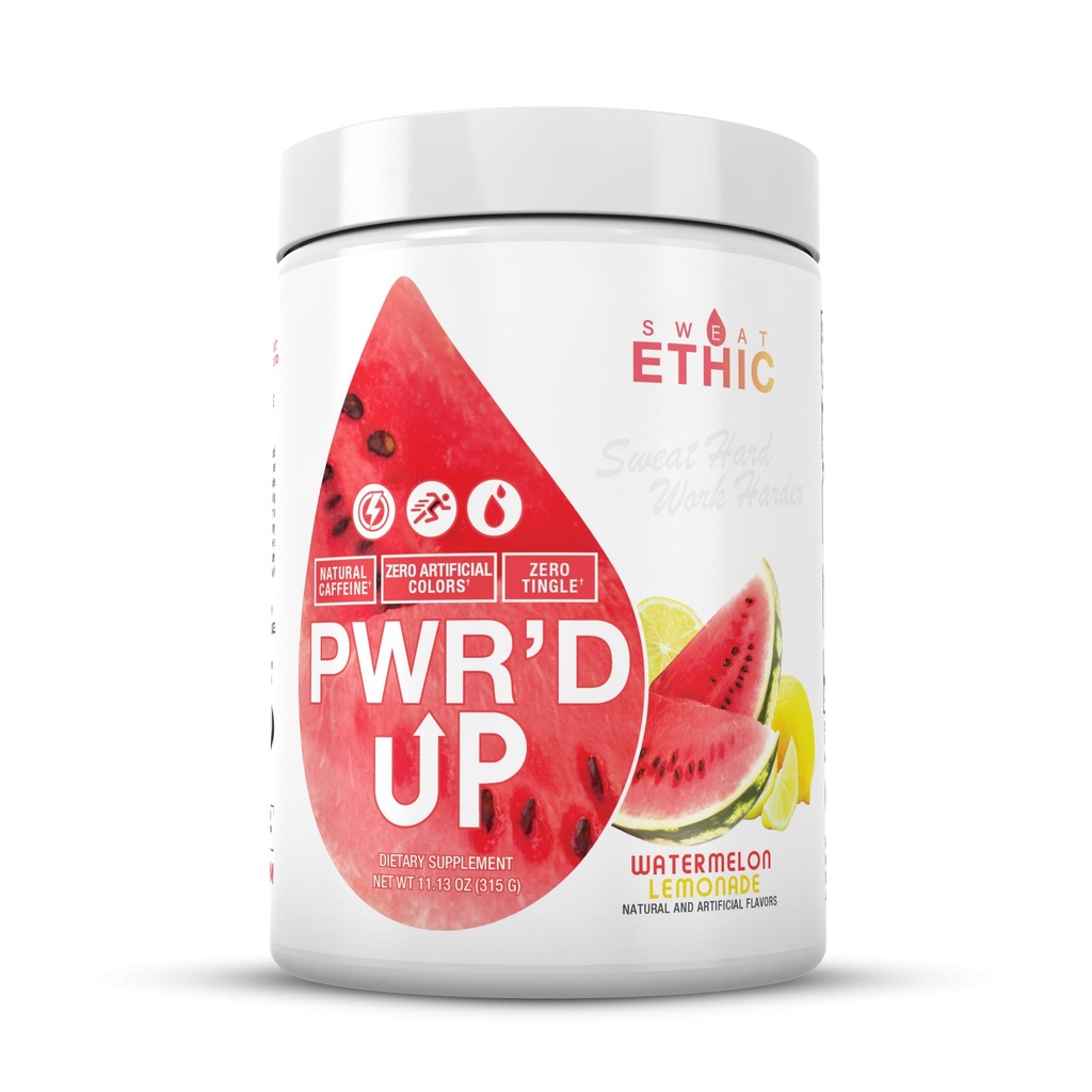 Sweat Ethic PWR’D UP Pre Workout, Natural Caffeine, No Beta Alanine, Zero Tingle, Supports Training & Performance, Easy Mix Powder for Preworkout Energy, Watermelon Lemonade Flavor, 50 Servings