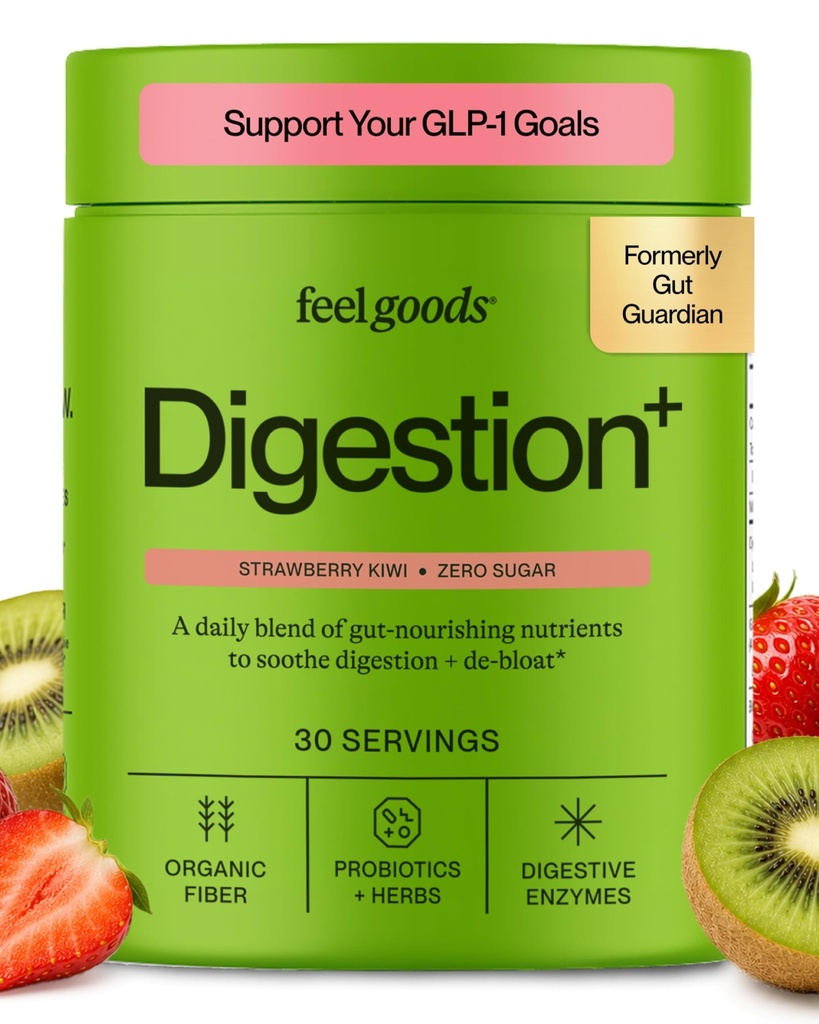 Feel Goods Gut Guardian, Organic Fiber, Probiotic & Prebiotic Powder, Sugar Free, Kräuter für Bloat, Gut Health Support, Verdauungsgesundheit für Männer und Frauen, Non GMO, Vegan, Erdbeer Kiwi, 30 Servierungen