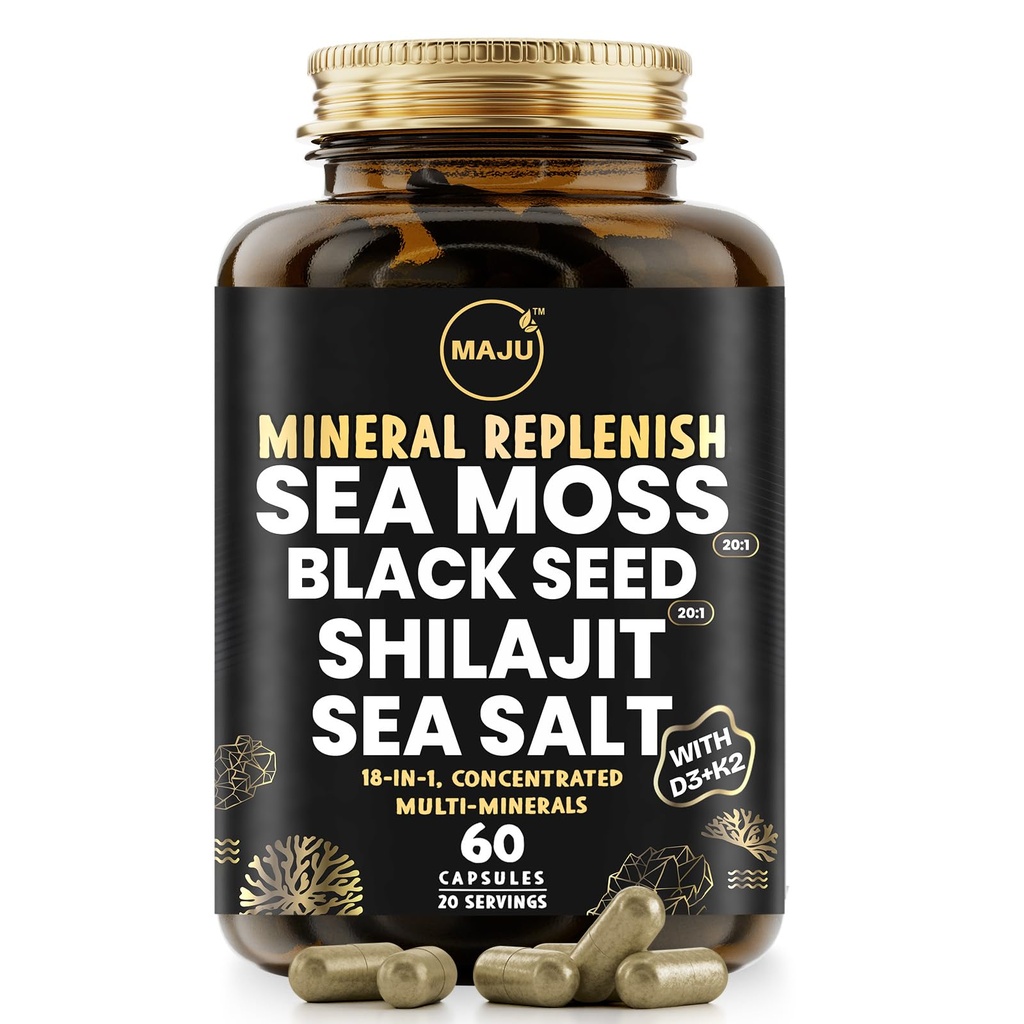Maju Superfoods 18-in-1 Sea Moss, Black Seed, Shilajit, Sea Salt + D3 & K2, Konzentrierte Extrakte, Trace Multi Mineral Capsules, für Männer & Frauen Mineral Elektrolyte Ergänzungen