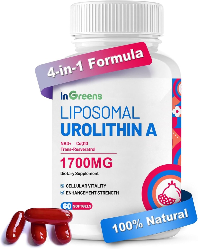 Urolithin Eine Ergänzung 1700mg mit NAD+, CoQ10, Trans-Resveratrol-Ergänzung für Männer Frauen, 60 Softgele für tägliche Gesundheit und Antioxidans Unterstützung, Muskelenergie, Gesundes Altern, hochverfügbar
