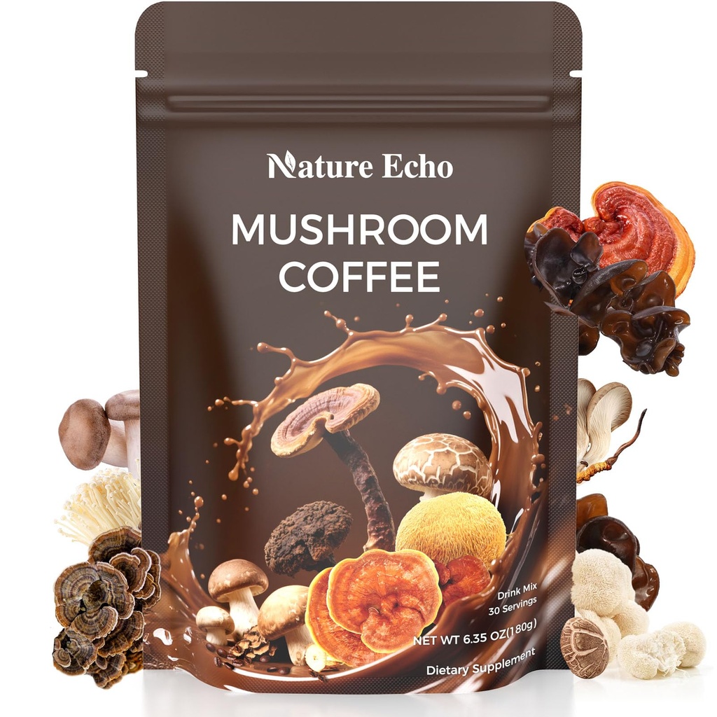 Mushroom Coffee 11 in 1 Mushrooms with Ashwagandha, Lion's Mane, Reishi, Cordyceps, Shiitake, King Oyster & Turkey Tail,Instant Coffee Powder for Energy, Focus, Memory & Immunity Support(30 Servings)