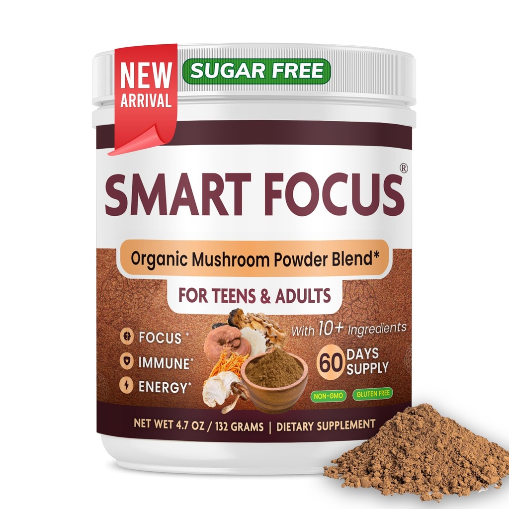 Lion’s Mane Mushroom Powder, Mushroom Supplement Complex with Reishi, Chaga, Cordyceps & Turkey Tail, Caffeine-Free Mushroom Powder for Coffee, Tea & Smoothies, 60 Servings