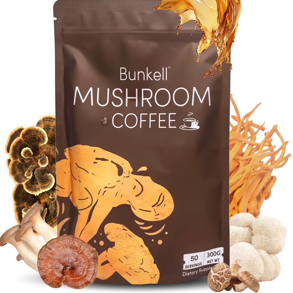 Bunkell Mushroom Coffee, Instant Coffee Blend with 6 Adaptogenic Mushrooms (Lion's Mane, Reishi, Cordyceps, Shiitake, King Trumpet & Turkey Tail) for Energy, Digestion & Immune Support, 50 Servings