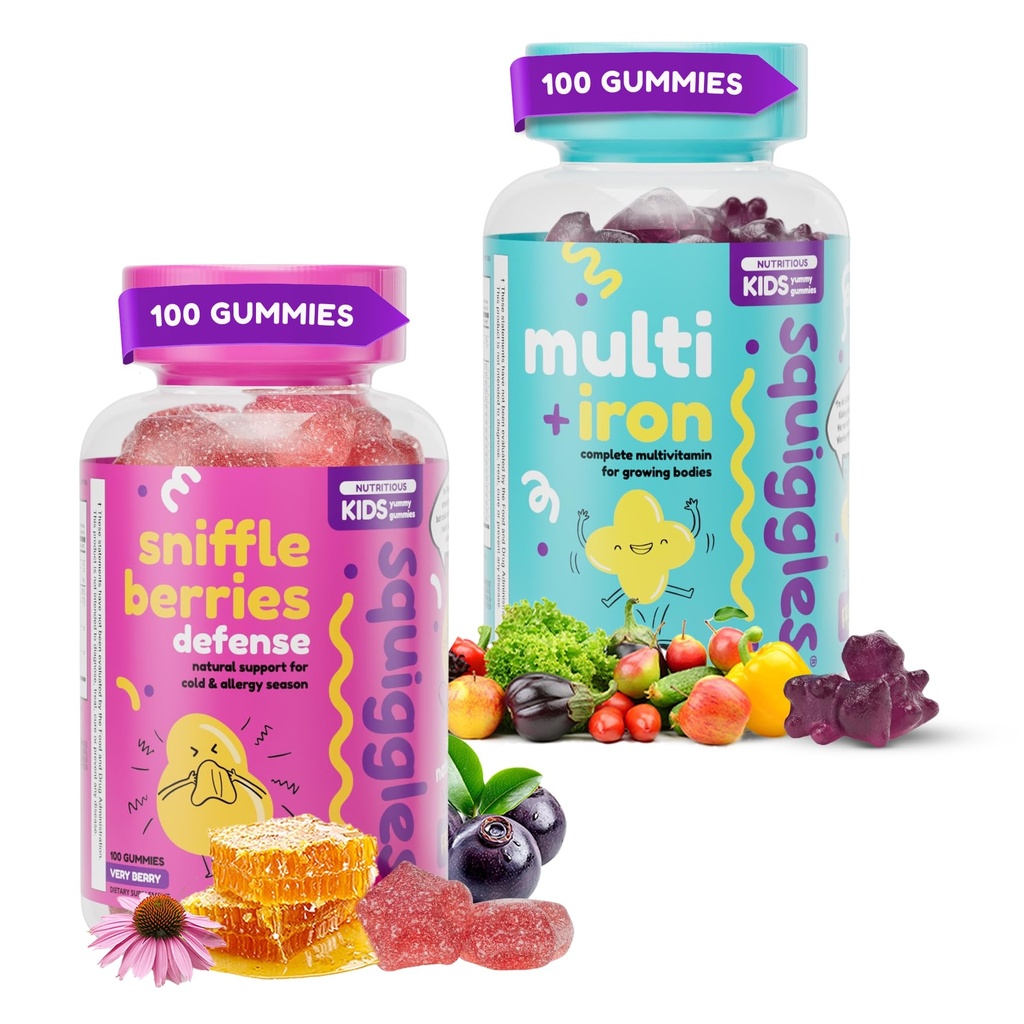 Squiggles Sniffle Berries (100 Count) + Multivitamin Iron Gummies (100 Count) - Low Sugar Gummy Vitamins with Iron Supplements for Kids & Kids - Bundle