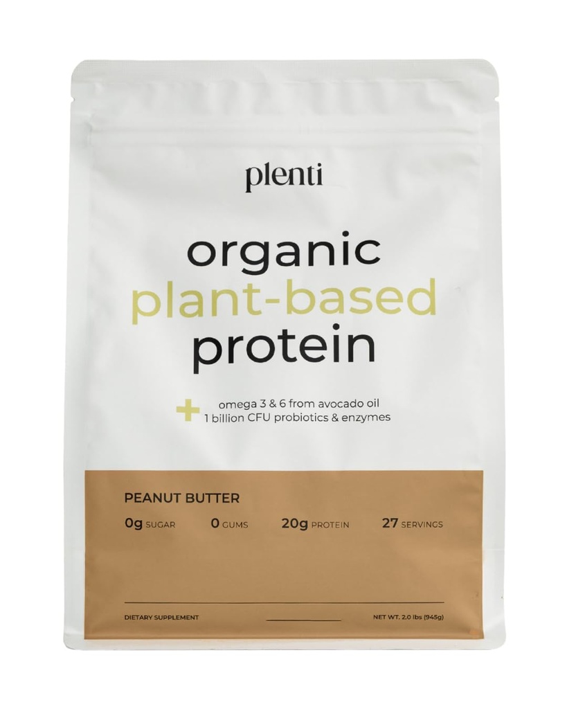 plenti Organic Plant-Based Protein Powder: Peanut Butter - 20g Pea Protein + Probiotics, Digestive Enzymes & Omega 3-6, Gut Friendly, Sugar Free, 27 Servings (2 lbs)