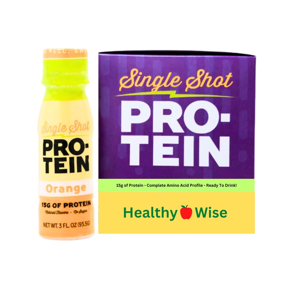 HealthyWise - Whey Protein & Collagen Shots, 15g Protein, Fat Free, Sugar Free, 3 Fl Oz Per Serving (Orange, 6 Pack)