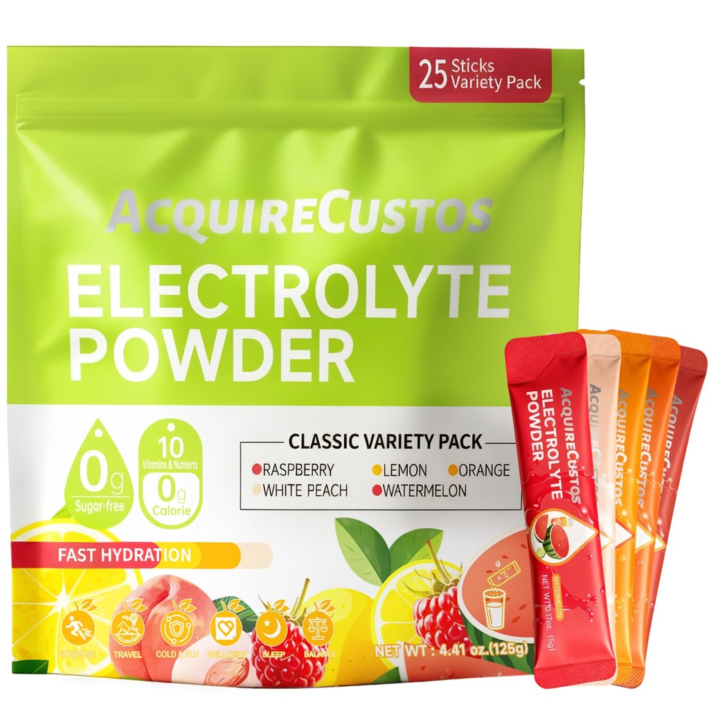 Electrolytes Powder Packets 25 Sticks Hydration Packet Sugar Free Electrolyte Drink Mix 5 Flavors for Rehydration with Minerals Nutrients with Lemon, Watermelon, Orange, Raspberry, White Peach