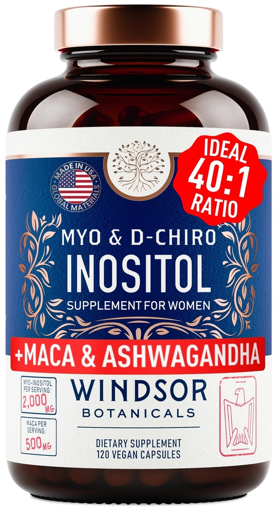 Myo und D-Chiro Inositol Supplement 40:1 Ratio - 2.000 mg Myo-Inositol plus Maca Root & Calming Ashwagandha - Gesunde Ovarian unterstützen Vitamine und Fruchtbarkeitsergänzungsmittel für Frauen - 120 Vegan Kapseln