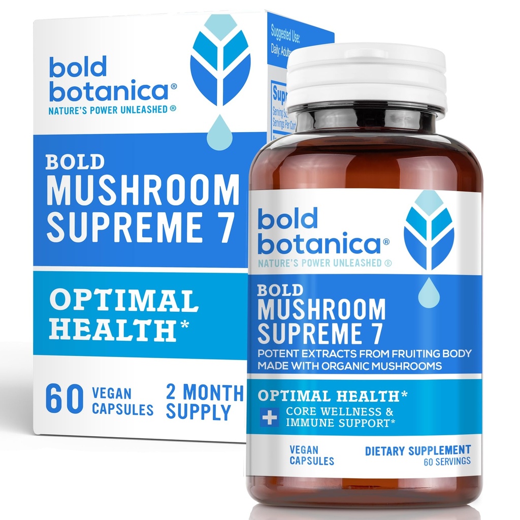 Bold Botanica Mushroom Supreme 7 – Mushroom Supplement – Organic Extracts of Turkey Tail, Chaga, Phellinus, Reishi, Cordyceps, Maitake, Shiitake for Immune Support & Optimal Wellness, 60 Caps