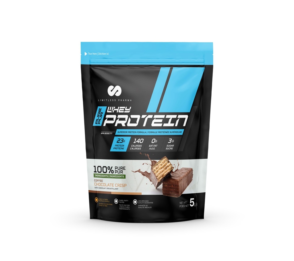 Limitless Pharma Pure Whey Protein | High Protein Whey Concentrate Powder | 23g Protein, 6g BCAAs, Gluten Free, Low Sugar, Low Carb, Low Lactose | 65 Servings, 5LB (Coffee Chocolate Crisp)
