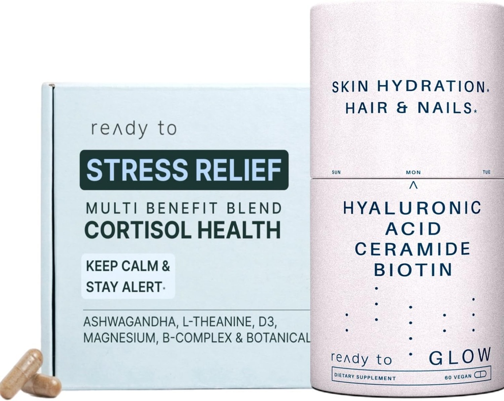 Haut- & Stress-Relief-Set | Cortisol Gesundheit & Anti-Aging-Ergänzungen mit Ashwagandha, Hyaluronsäure, Ceramide, Biotin & Antioxidantien | Calm, Haut und Haar-Unterstützung