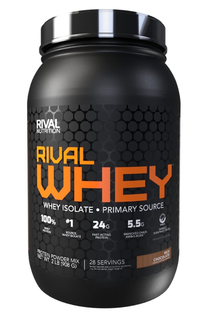 RIVAL NUTRITION Rival Whey Protein Powder I 100% of Protein from Whey I Isolate Primary Source I 24g Protein, 5.5g BCAAs Per Scoop I Recovery, Active Lifestyles (2lb, Rich Chocolate)