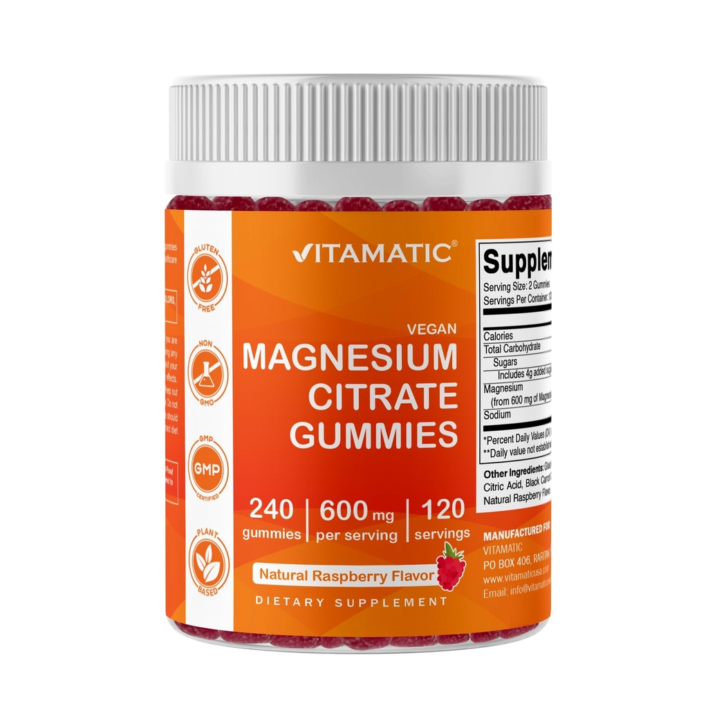 Vitamatic Magnesium Citrate Gummies 600mg pro Servierung - 240 Vegan-Gummien - Natürliche Himbeer Geschmack - Hohe Absorption Magnesium Supplement - Unterstützt Nerve, Knochen und Muskelgesundheit
