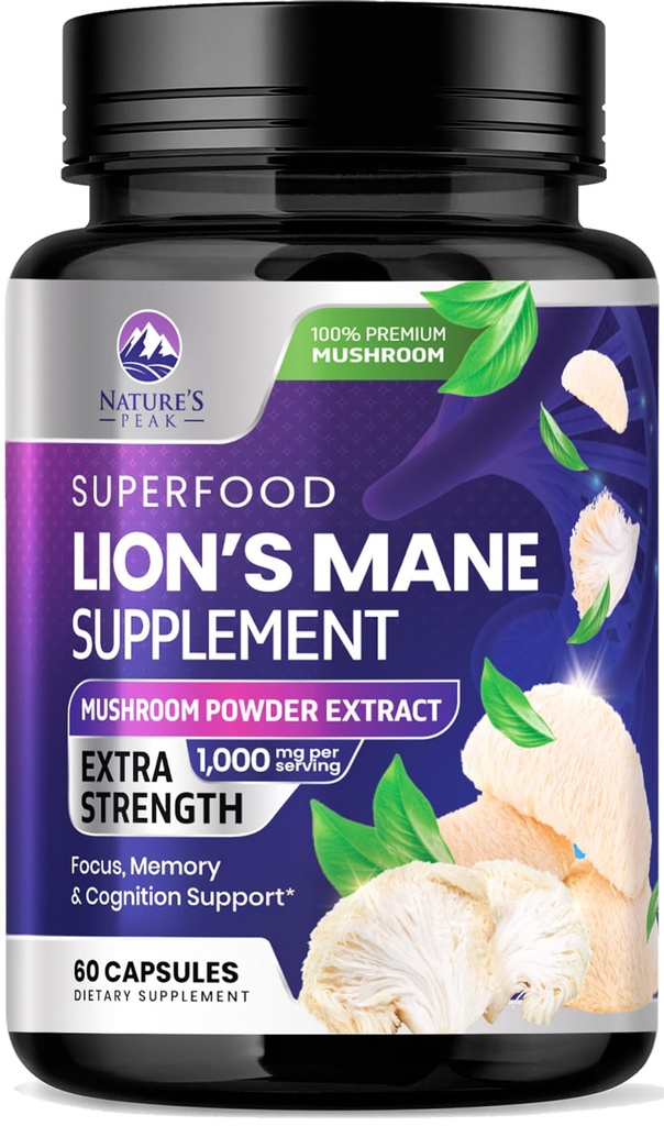 Lions Mane Mushroom Capsules 10.000mg - Lion's Mane Supplement Capsules for Memory and Focus Support, Gehirn, Immune Health Support, Vegan, Bottled in USA, Lions Mane Mushroom Powder Extract, 60 Count