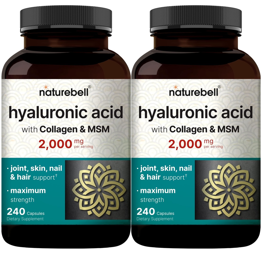 NatureBell 2 Pack Hyaluronsäure Ergänzungen 2.000 mg | 480 Gesamtkapseln, mit MSM & Hydrolyzed Bovine Collagen – 3 in 1 Unterstützung für Haut Hydration, Gelenkschmierung, Haar und Augengesundheit