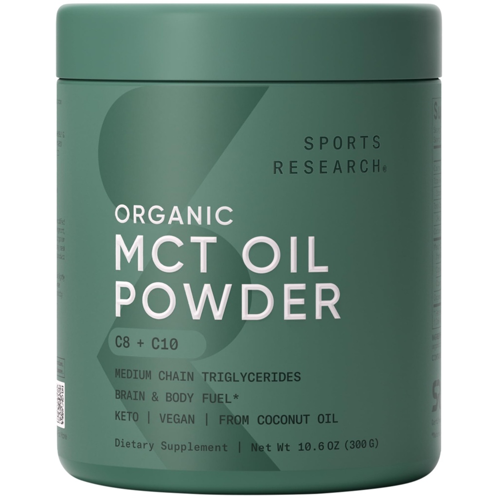 Sportforschung Bio-MCT-Öl-Pulver - Keto & Vegan MCTs C8, C10 von Kokosnüssen - Fettsäure Gehirn & Körper-Brennstoff, Non-GMO & Gluten frei - Entflammt, Perfekt in Kaffee, Tee & Protein Shakes - 10.6 Unze