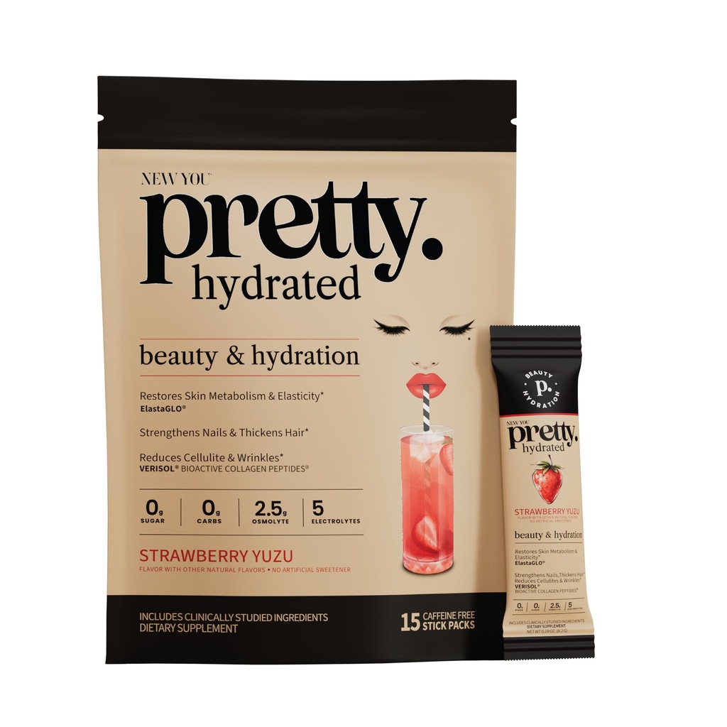 Beauty+5 Electrolytes, VERISOL® Collagen& ElastaGLO® Elastin, for Skin Metabolism& Elasticity, Reduces Cellulite&Wrinkles, hydrated Strawberry Yuzu Stick Packs, No Artificial Sweetener