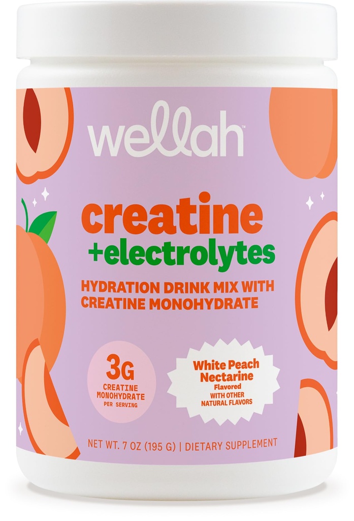 Wellah Creatine + Electrolytes Powder (White Peach Nectarine) 30 Servings - Hydration Drink Mix with 3g of Creatine Monohydrate