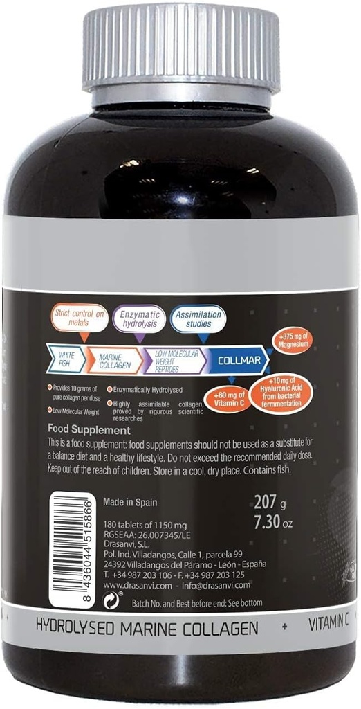 Drasanvi (2 Pack) COLLMAR Hydrolyzed Marine Collagen mit Magnesium 180 Tabletten - für gesunde Hautknorpel, Knochen und Muskeln