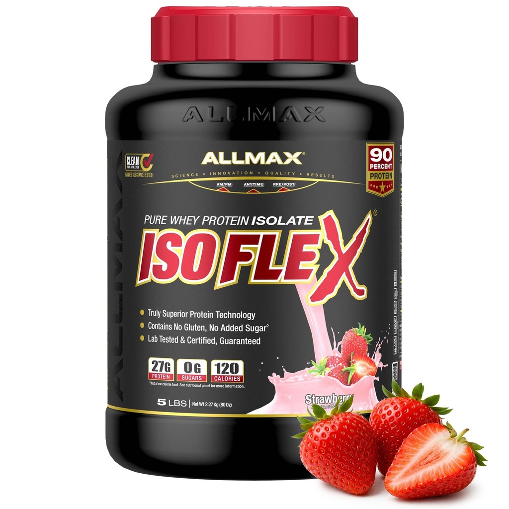 ALLMAX ISOFLEX Pure Whey Isolate Protein Powder - Gluten Free, Low Lactose, Sugar-Free - High-Protein, Clean, Keto-Friendly for Pre Post Workout Supplement for Women and Men | Strawberry, 5lb