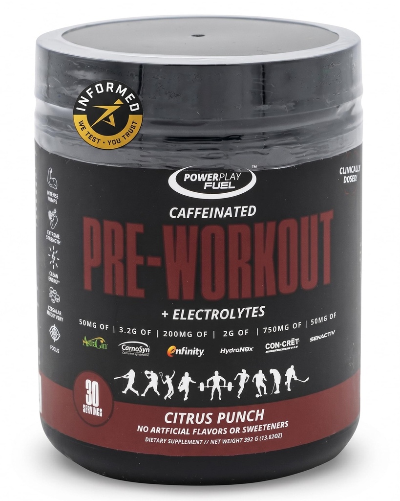 Pre Workout Powder for Men & Women – Sport Certified, Sugar Free Pre Workout with Clean Caffeine & Electrolytes, Supports Energy, Focus & Strength by Power Play Fuel, Citrus Punch, 13.82oz