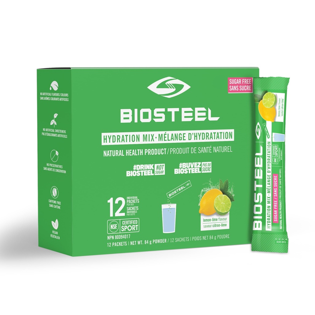 BioSteel Hydration Mix, Sugar-Free with Essential Electrolytes, Lemon Lime, 12 Single Serving Packets