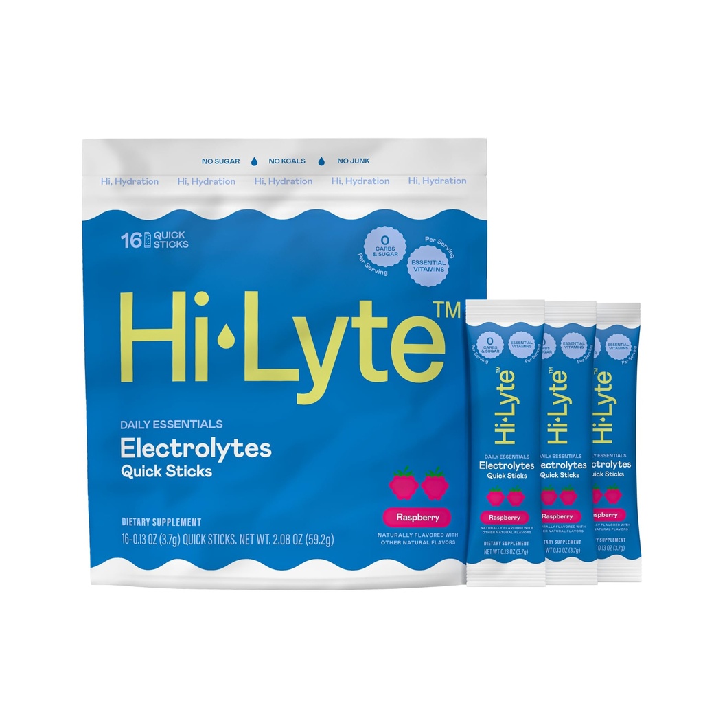 Hi-Lyte Hydration Packets Raspberry - Daily Essentials Electrolytes Packets Drinks - 16 Count