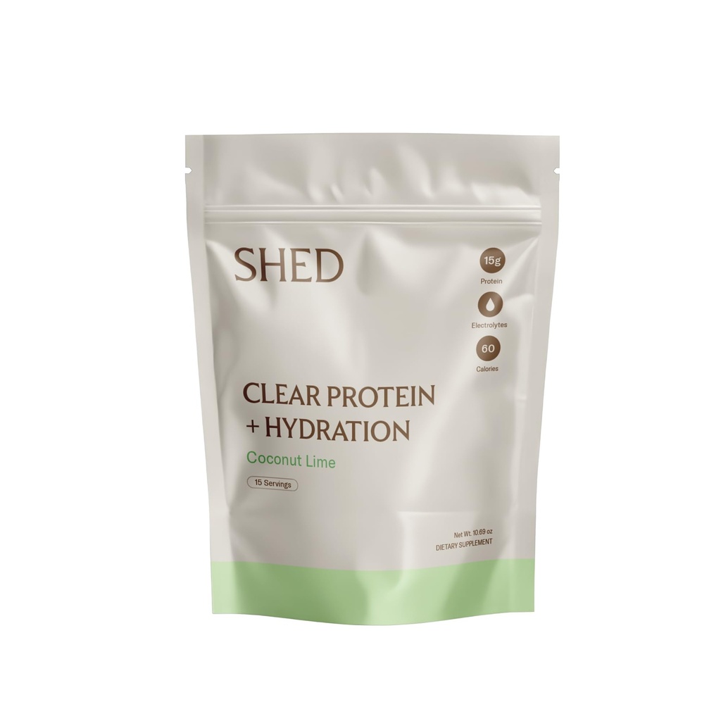 Clear Protein Powder with Electrolytes by Shed, 15g Whey Protein Isolate, Low Calorie and Lactose Free, Light and Clean Hydration Drink, Bloat-Free Post Workout Supplement, Coconut Lime (15 Servings)