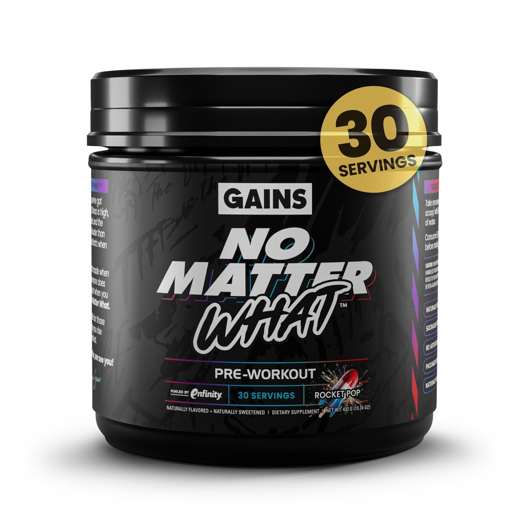 Gains in Bulk No Matter What Pre Workout Powder, with Paraxanthine, Amino Acids & L Theanine, Training Supplement for Athletes & Active Lifestyles, Energy & Focus Support, Rocket Pop, 30 Servings