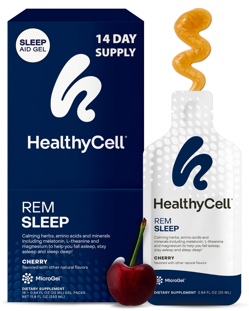 Healthycell REM Sleep - Liquid Gel Extra Strength Sleep Supplement for Adults - Melatonin, Magnesium, GABA, L-theanine Supplement - Maximum Absorption - 14 Gel Packs