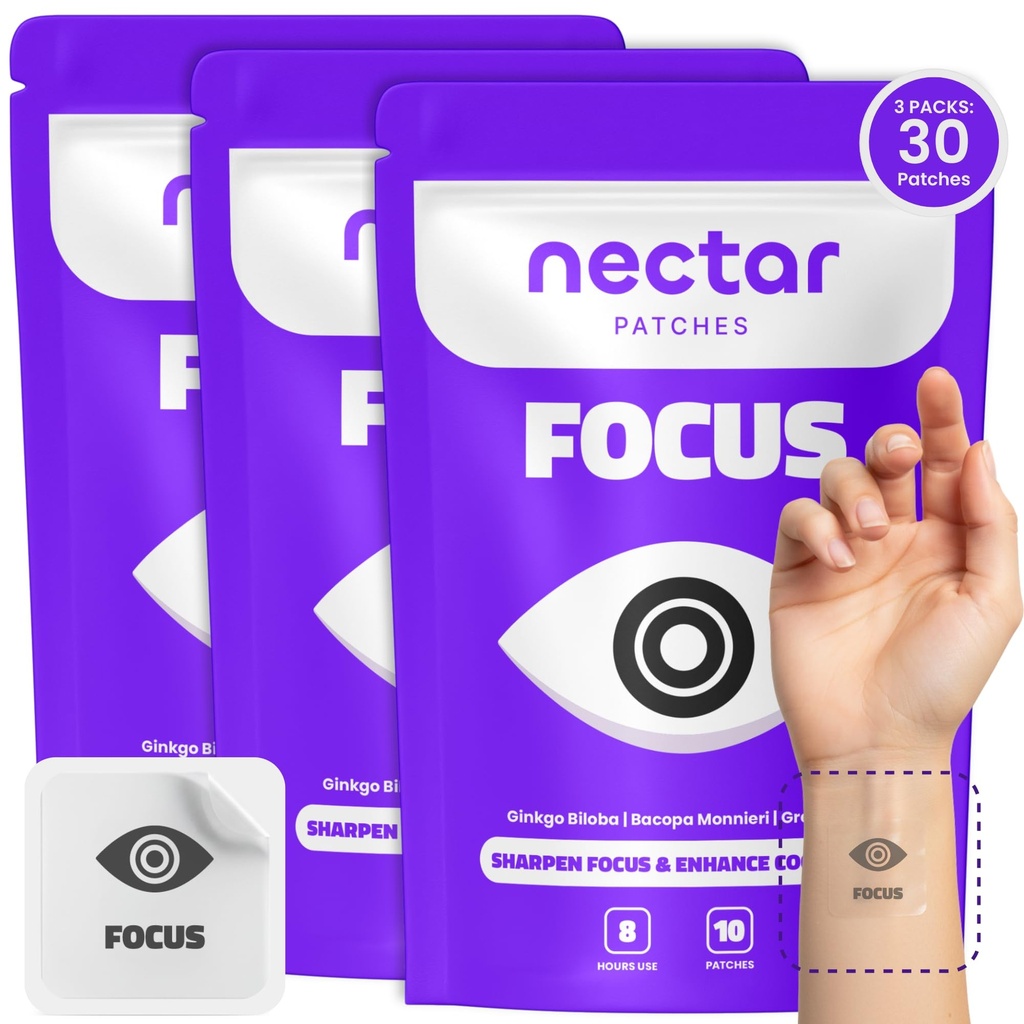 Nectar Focus Patches | Natural Cognitive Support with Ginkgo Biloba, Bacopa & Magnesium for Memory – Mental Clarity Neuro Patches for Work, Study – Clean Plant-Based Nootropic Alternative | 30 Count