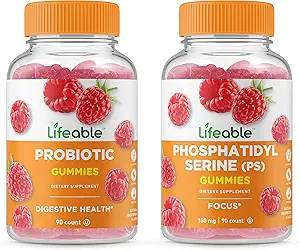 Lifeable Phosphatidylserine (PS) + Probiotic 2 Billion CFU, Gummis Bundle - Great Tasting, Vitamin Supplement, Gluten Free, GMO Free, Kaubarer Gummy