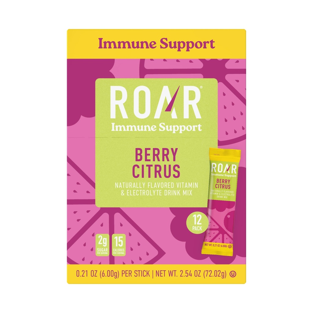 ROAR Immune Support Powder - Hydration Packets with Zinc and Elderberry - Electrolytes Powder - No GMOs, Gluten Free - Berry Citrus - 12 pc