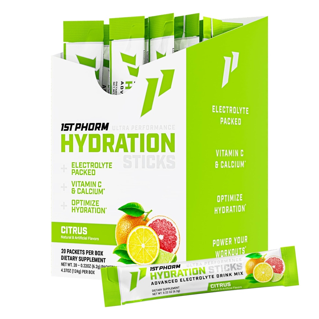 1st Phorm Hydration Sticks, Citrus Flavor, Electrolyte Powder Drink Mix with Vitamin D and Calcium, Sugar Free On the Go Travel Packets, Daily Electrolytes and Workout Support, 20 Count