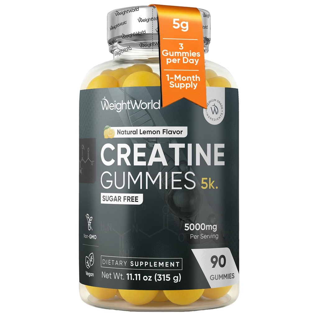 WeightWorld Sugar Free Creatine Gummies 5g (5000mg) | Pre & Post Workout Gummy | 90 Vegan Creatine Monohydrate Gummies for Men & Women (1 Month Supply) - 3 per Day | Non-GMO, Natural Lemon Flavor