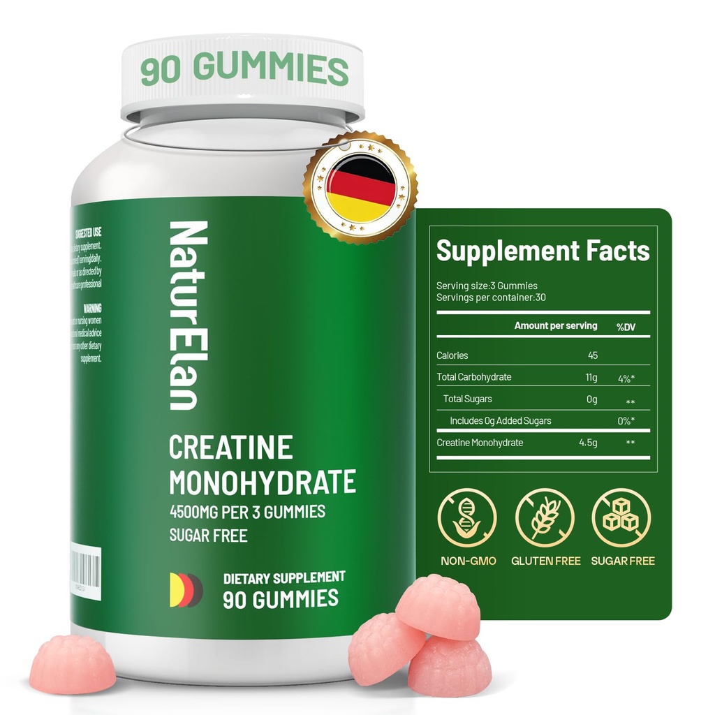 NaturElan Creatine Monohydrate Gummies, Sugar Free, No Gelatin, Pre Workout Supplement Supports Muscle Growth, Strength & Faster Recovery, Third-Party Tested, Vegan, Non-GMO