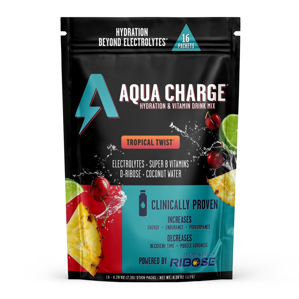 Grab The Gold Aqua Charge Electrolytes Drink Mix | Naturally Flavored Sugar-Free Hydration Drinks with B Vitamins | Vegan, Gluten-Free, Non-GMO | Tropical Twist - 16 Packs, Made in USA