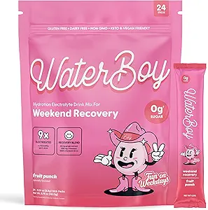 Waterboy Weekend Recovery x FOW | 3,200mg Elektrolyt-Pulver-Packets | Ginger + L-Theanin + Vitamine | Kein Zucker, Alle Natürliche, Glutenfreie | 24 Drink Stick Mixs (Fruit Punch)