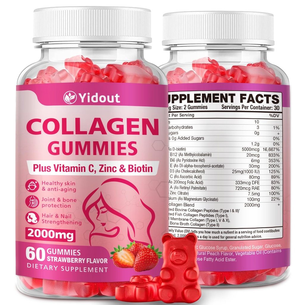 Collagen with Vitamin C and Biotin Gummies - 200mg Collagen Peptides for Hair Skin & Nails Support for Men & Women. Beauty Formula Supplement, Strawberry Flavor (60 Count（Pack of 1）)