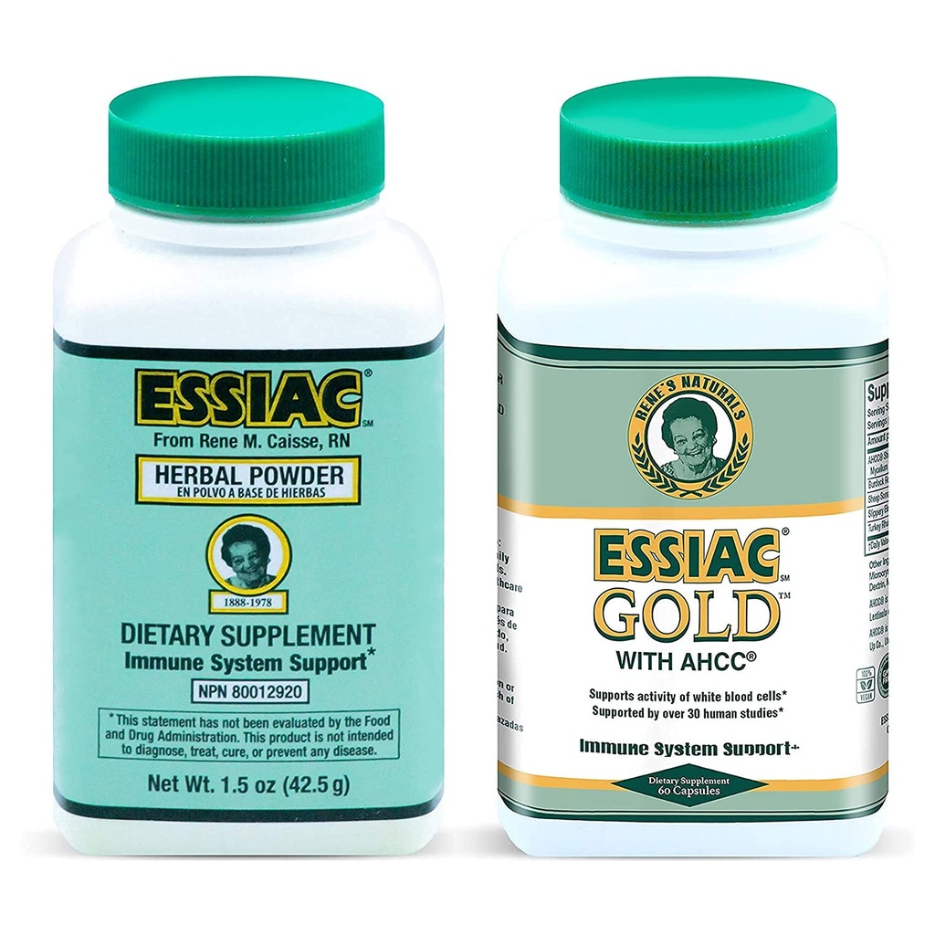 Essiac All-Natural Herbal Tea Powder Gold Herbal Extract with Mushroom Derived AHCC - 1.5 oz Bottle & 60 Capsules | Powerful Antioxidant Blend to Help Promote Overall Health & Well-Being