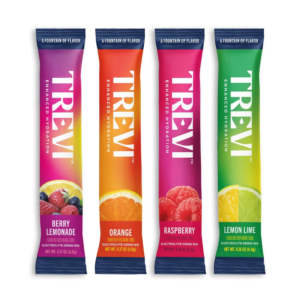 TREVI™ Everyday Sugar Free Electrolytes - Essential Drink Mix Hydration Powder Packets - 28 Count - Original Variety Pack - Berry Lemoande, Lemon Lime, Raspberry, Orange
