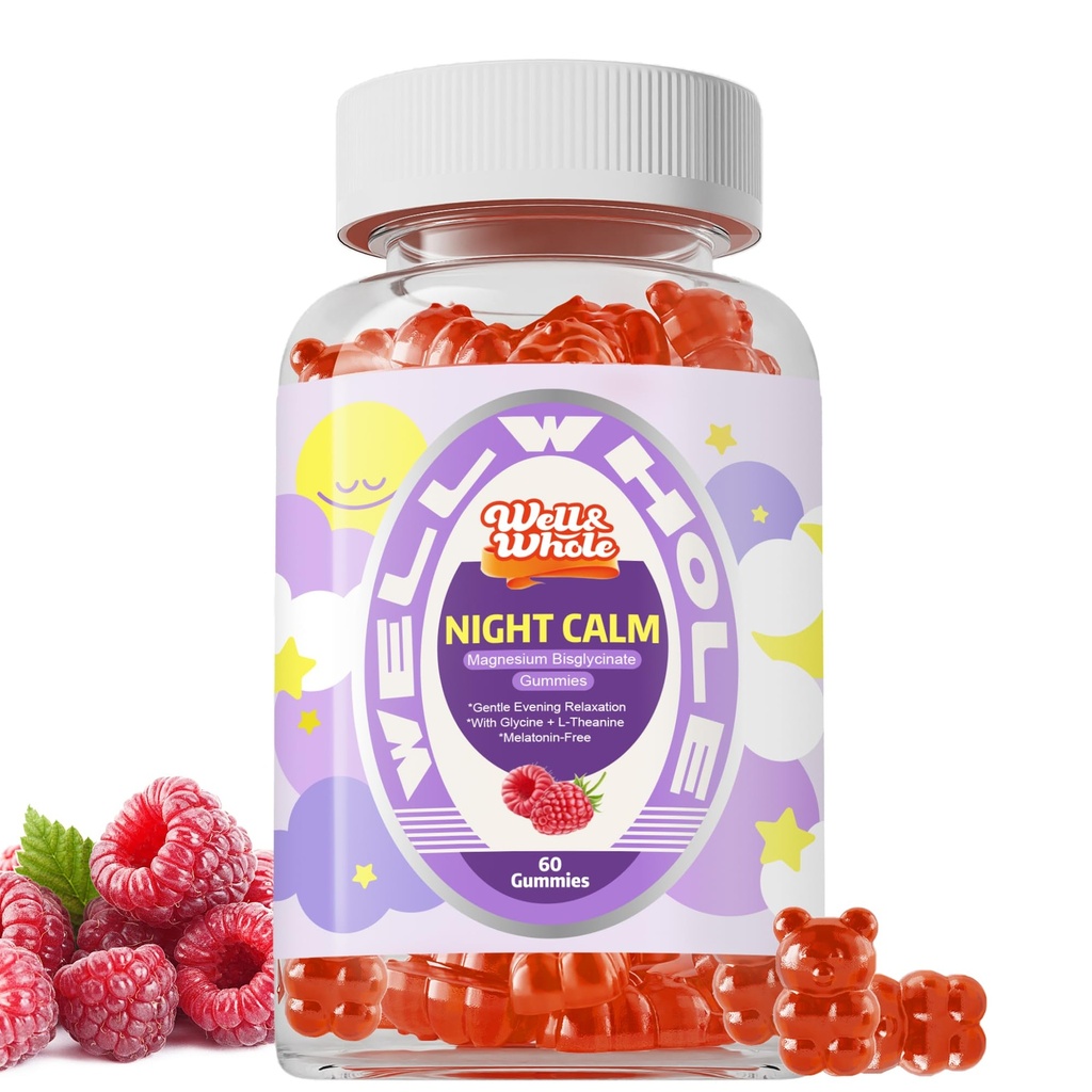 Well&Whole Night Calm Magnesium Bisglycinate Gummies, Chelate with Glycine, L-Theanine, Apigenin & Active Vitamin B6, Melatonin Free Evening Relaxation Support, Raspberry Flavor, 60 Gummies