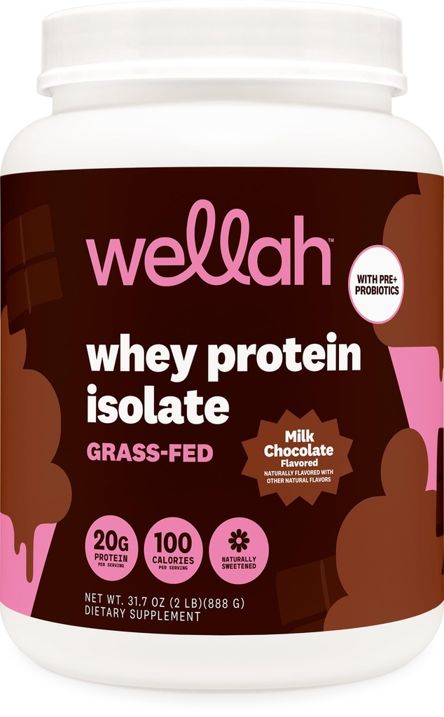 Wellah Grass-Fed Whey Protein Isolate Powder (Milk Chocolate) 30 Servings - with Prebiotics, Enzymes & Probiotics, 20g of Protein, 100 Calories, Naturally Sweetened