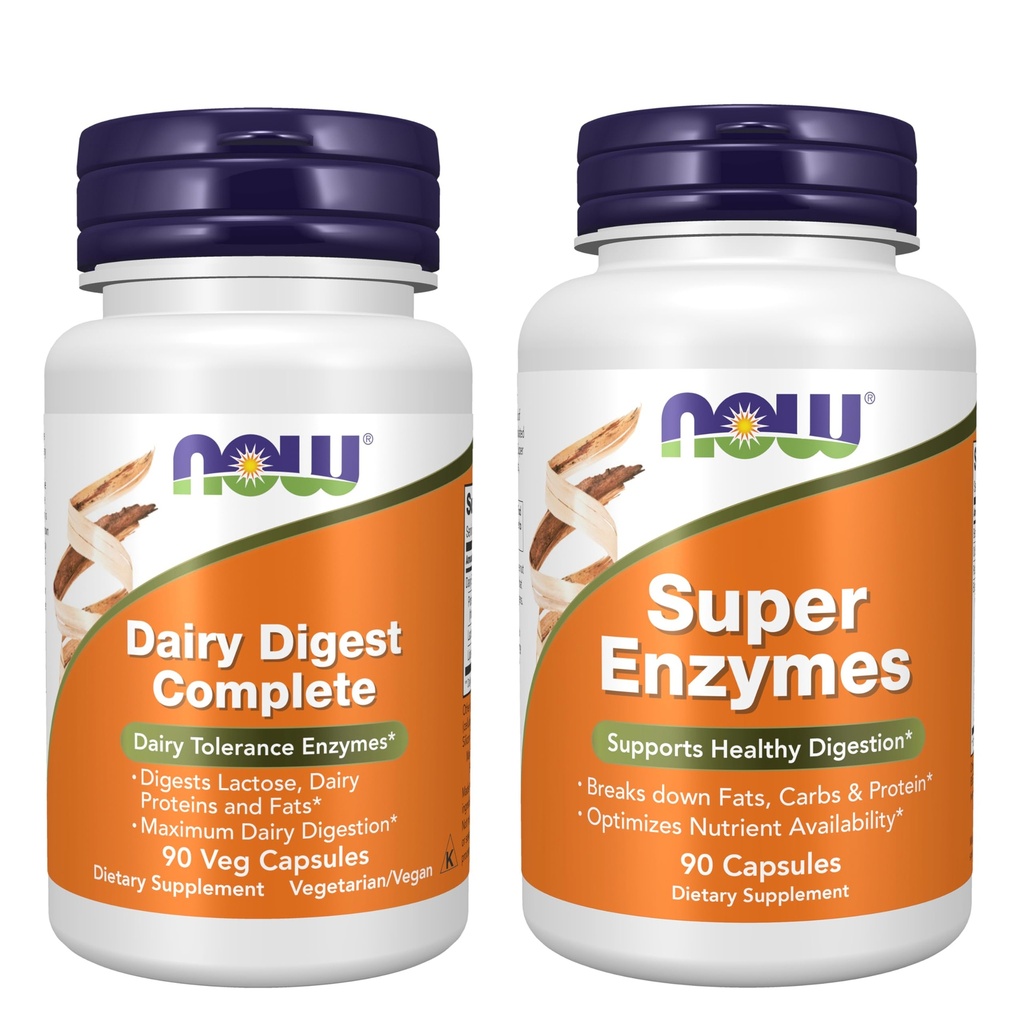 NOW Foods Digestive Enzyme Bundle* - Dairy Digest Complete 90 Veg Capsules + Super Enzymes Digestive Enzymes for Women & Men 90 Capsules - Supports Digestion of Lactose, Dairy, Fat, Carbs and Protein*
