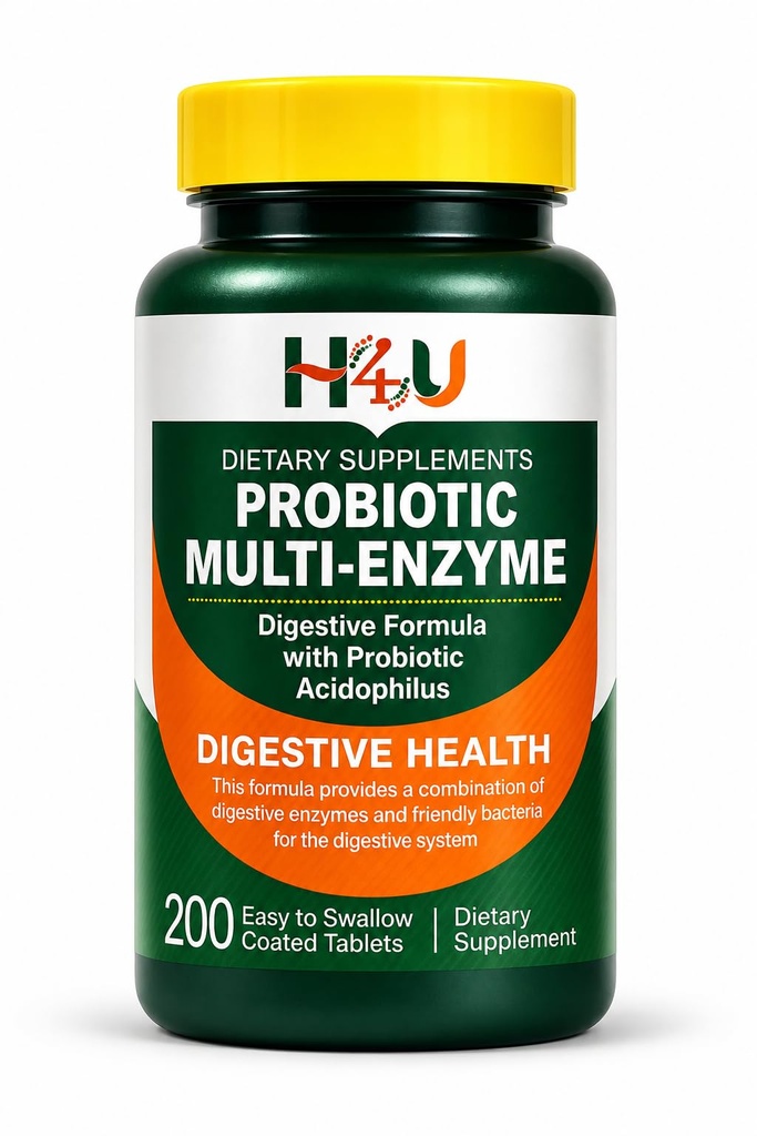 H4U Probiotic Multi Enzyme Supplement for Digestive Health – 200 Tablets with Acidophilus – Supports Gut Health, Bloating & Digestion – Daily Digestive Enzymes Formula